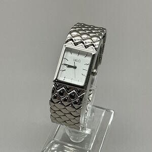 Chicos Watch White Dial Silver Tone Quilted Bracelet Rectangular NEW BATTERY